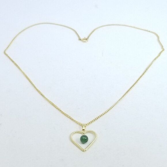 Vintage Little Gold Tone Heart Pendant Necklace with Green Bead Drop, Estate - Picture 2 of 7